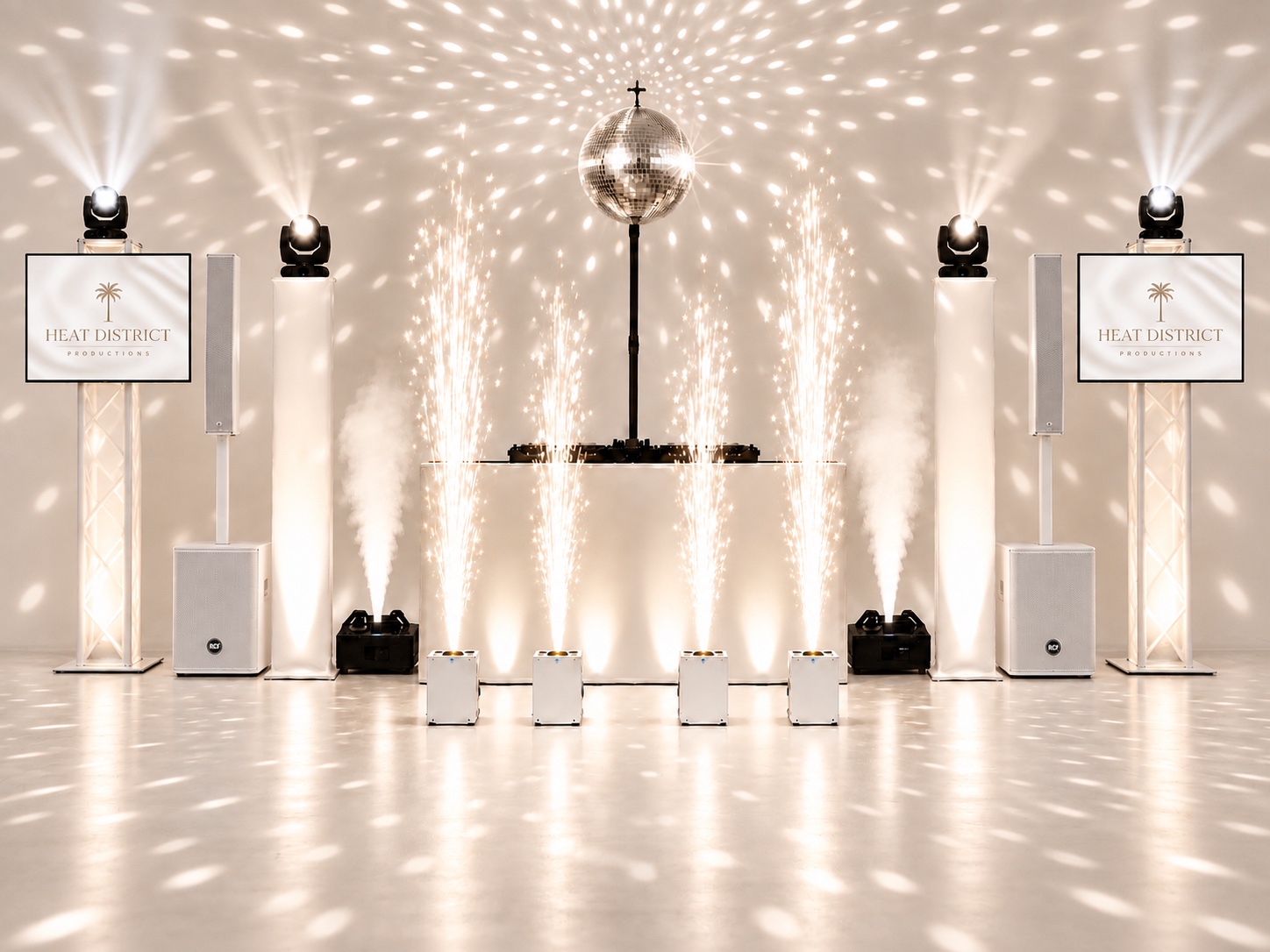 Full White Wedding Experience setup with white RCF speakers, four moving heads, four cold sparks, fog machines and a center disco ball